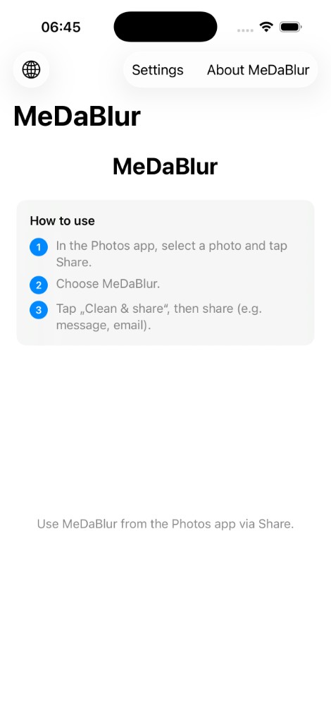 MeDaBlur start screen: How to use – share from Photos, choose MeDaBlur, Clean & share